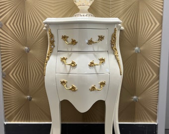 Table de chevet de luxe blanche de style baroque français avec poignée en bronze blanc, commode de décoration intérieure, couleur blanche, fabriquée sur commande