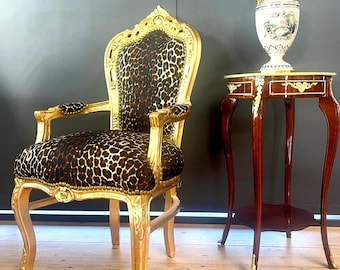 Handmade Rococo Leopard Print Armchair: Gold Gilded Beech Wood Accent Chair