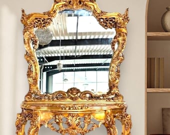Rococo Console Table Mirror Set: Gilded Beech Wood, Marble Top, Royal Style