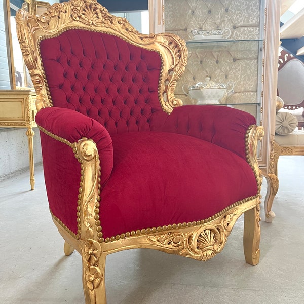 Fauteuil velours couleur bordeaux cadre en bois fauteuil de style Louis baroque français pour décoration intérieure