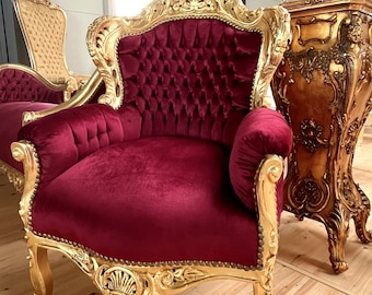 Armchair Velvet Red French Louis Style in Gold Finish Sofa Chair Italian Baroque Rococo Style Red Velvet for Living Room
