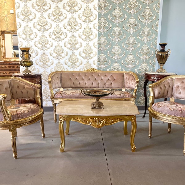 Sofa-Set, Barock-Stil, Lounge-Sofa, Cappuccino-Farbe, französischer Antik-Stil für kleines Zuhause