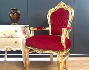 Red Velvet French Louis XV Armchair: Hand-Carved Wood, Gold Gilded, Nostalgic Baroque Style Chair