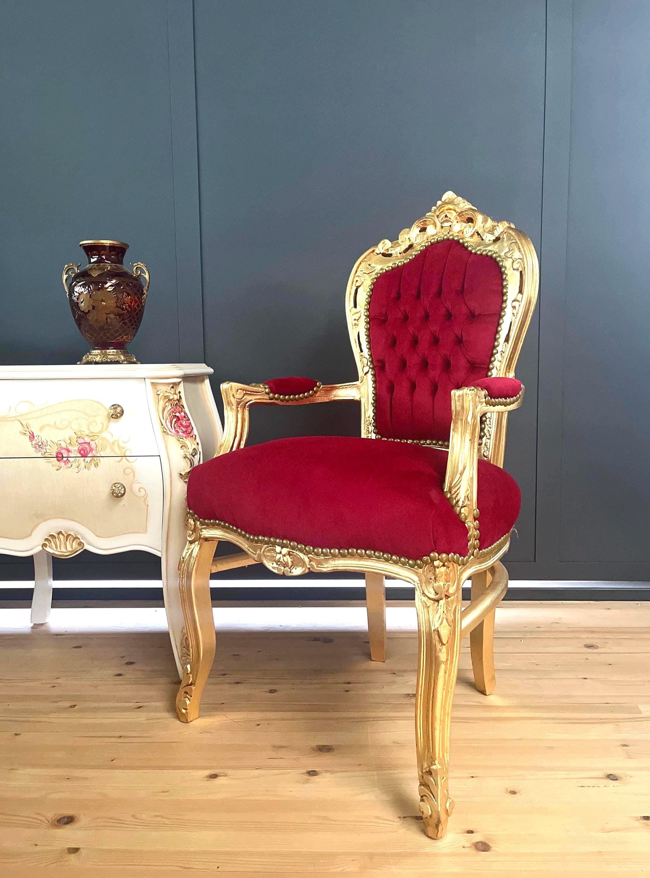Red Velvet French Louis XV Armchair: Hand-carved Wood, Gold Gilded