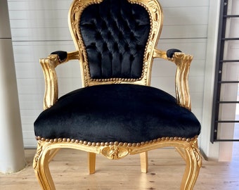 Armchair French Louis Style Black Velvet Chair Antique Style Baroque Rococo Style Armchair in Gold Finish Velvet Black for Home