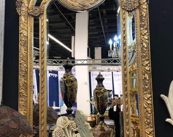 French Baroque Style Floor Mirror: Gold Floral Angel Sculpture Frame