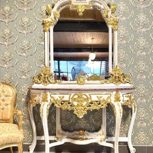 Rococo Gold Console Table & Mirror Set Luxury Antique Style Red Marble Top