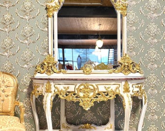 Rococo Gold Console Table & Mirror Set Rococo Antique Style Red Marble Top For Deluxe Home Decor