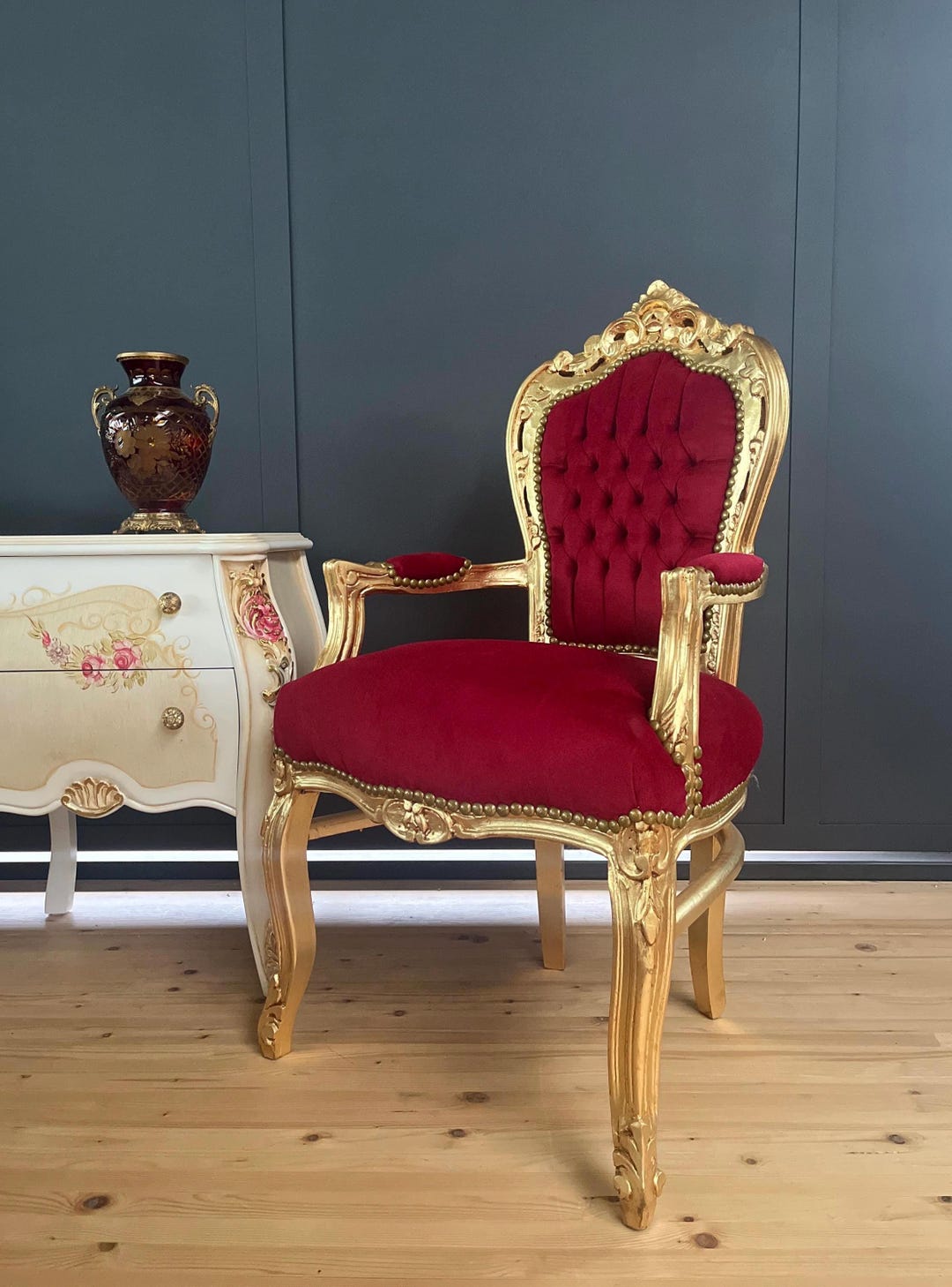 Red Velvet French Louis XV Armchair: Hand-carved Wood, Gold Gilded