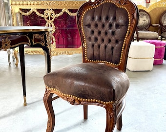 Accent Chair Brown Color Leather Like French Baroque Rococo Style Chair Antique Style Reproduction Dining Chair Real Wood Brown Color