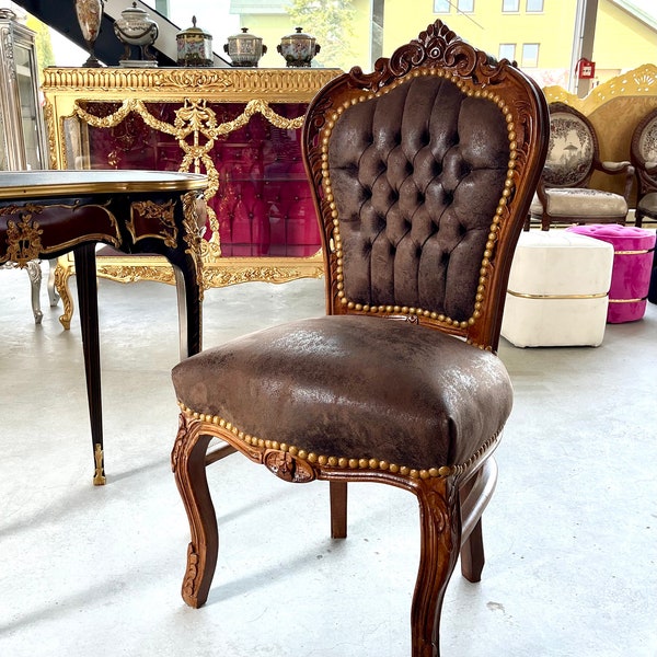 Chaise d'appoint en cuir marron comme le cuir Chaise de style baroque rococo française de style antique Reproduction de chaise de salle à manger en bois véritable de couleur marron