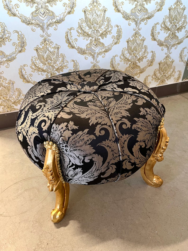 Foot Stool in Fabric Gold Ottoman Beige French Baroque Style Ottoman for Sofa Foot Stool Beige Color image 9