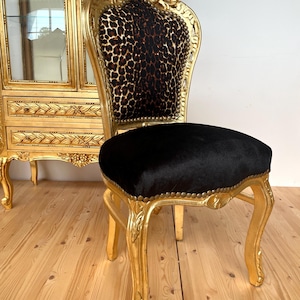 Accent Chair French Louis Baroque Style Dining Chair Black Velvet Leopard Print in Gold Finish for Lounge Room Home Decor
