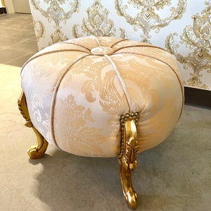 Foot Stool in Fabric Gold Ottoman Beige French Baroque Style Ottoman for Sofa Foot Stool Beige Color image 4