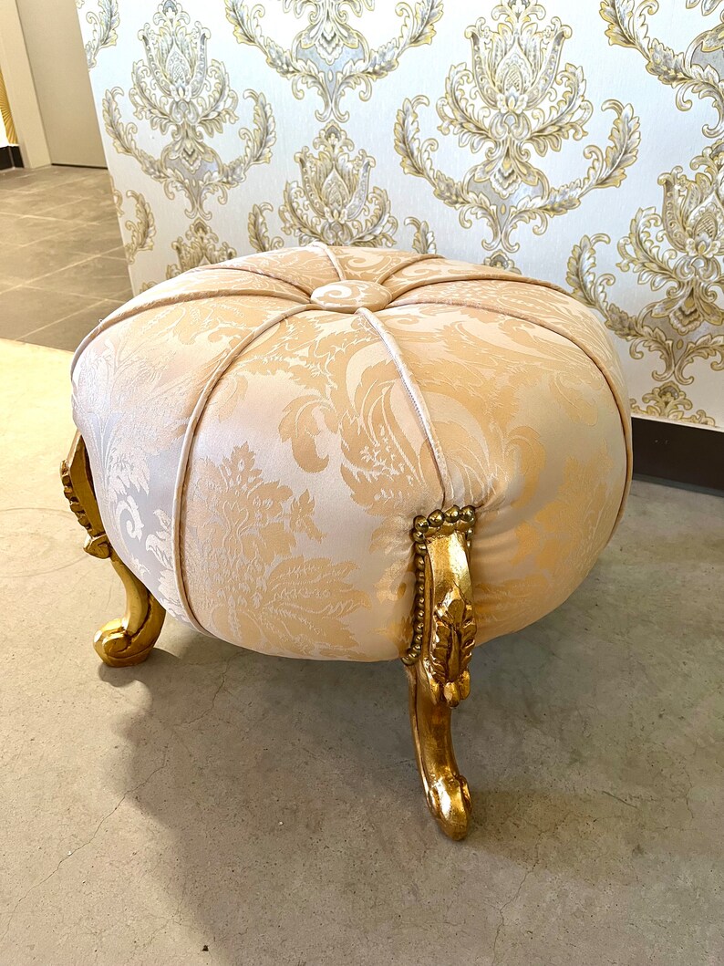 Foot Stool in Fabric Gold Ottoman Beige French Baroque Style Ottoman for Sofa Foot Stool Beige Color image 4