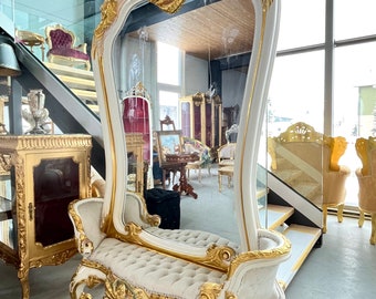 Wall Mirror & Bench Set Retro Baroque Rococo Style in Gold Finish Huge Mirror with Beige Velvet Bench Set for Commercial Lobby