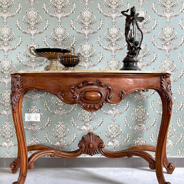 Table console de style antique français en bois massif marron et plateau en marbre, table de style baroque rétro, magnifique pour la décoration intérieure