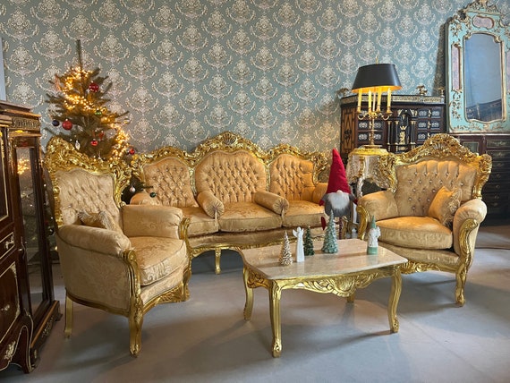 Sofa Set French Louis Style in Gold Finish Retro Baroque Rococo