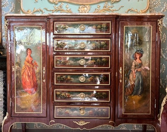 Meuble de style baroque antique peint à la main, peinture à l'huile, style Louis français avec dessus en dalles de marbre marron, pièce noble pour décoration d'intérieur