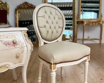 Dining Chair Classic Baroque Style in Beige Color Leather Like French Louis Style Dining Chair in Beige Color for Home