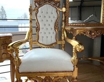 Thron-Sessel im italienischen Barock-Rokoko-Stil, königlicher Stuhl im antiken Stil, Gold-Finish, weißes Leder