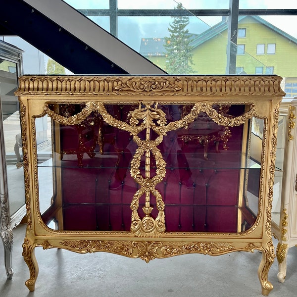 Vitrine mit Glastür und Marmorplatte im französischen Barockstil / French Baroque Antique Style Glass Door Marble Top Showcase- Gold