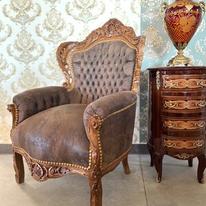 Armchair French Baroque Rococo Style Wooden Sofa Chair Antique Style in Brown Faux Leather for Living Room