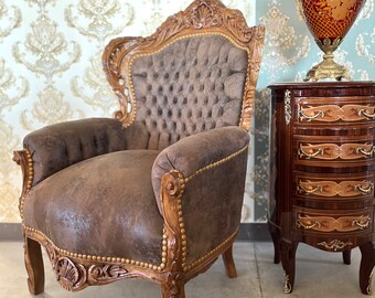 Fauteuil en bois de style baroque rococo français, fauteuil de style antique en similicuir marron pour le salon