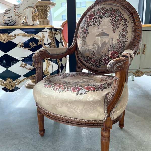 Fauteuil de style ancien en bois véritable, français, chaise de reproduction Louis XV, fauteuil fait main de style baroque en bois véritable, tissu satiné, style français