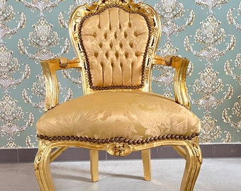 Armchair French Louis XV Style in Gold Finish Retro Baroque Rococo Style Chair Handcrafted for Home Decor