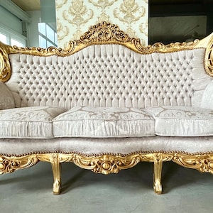 Sofa Set French Louis XV Style in Tufted Velvet Beige Color Sofa Set Retro Baroque Rococo Style in Gold Finish for Home Decor
