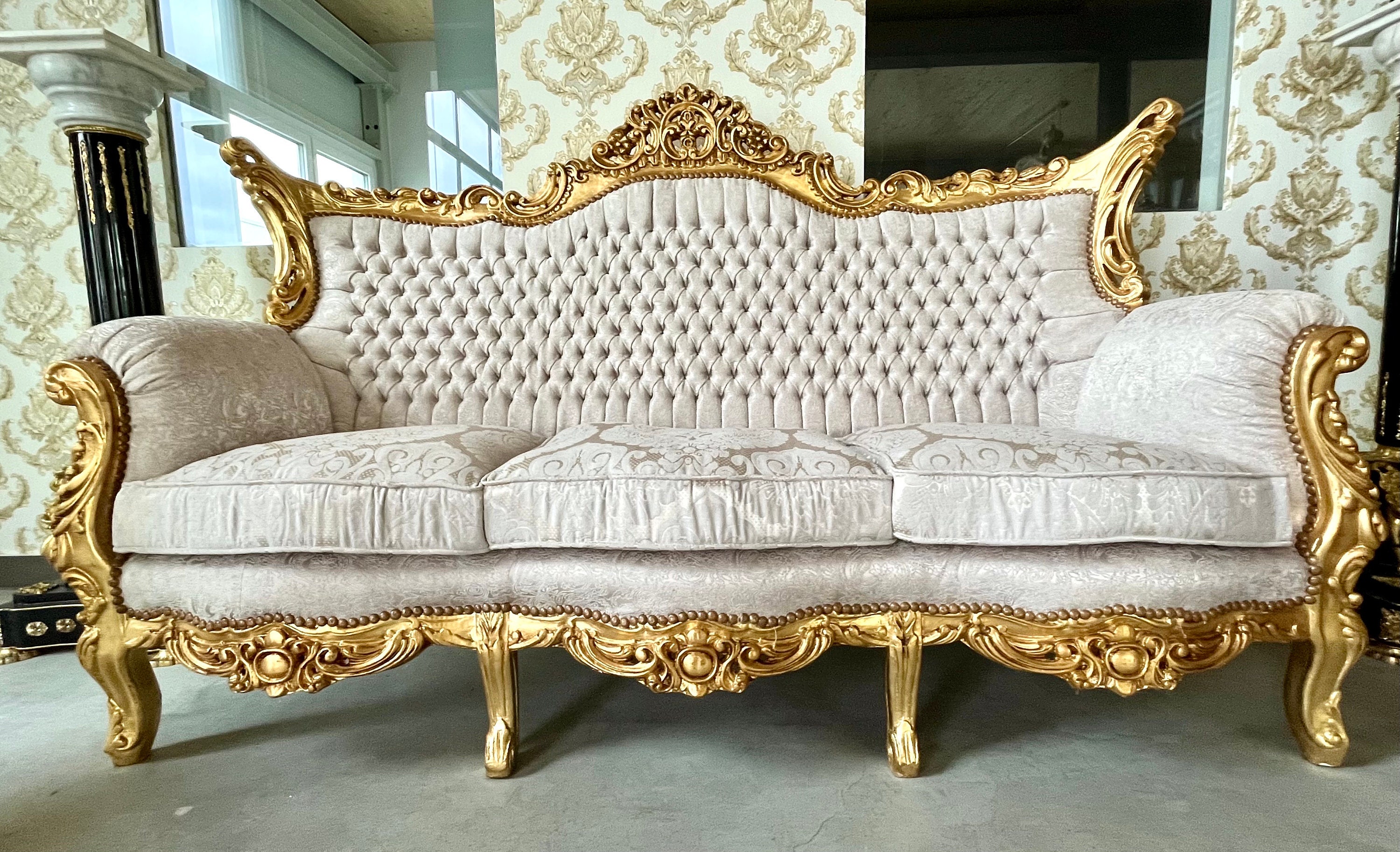 Sofa Set Beige French Louis XV Style in Gold Finish for Living