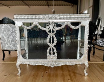 Silver Baroque Display Cabinet, Black Marble Top Showcase