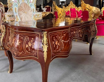 Limitierter handgefertigter Schreibtisch im Barockstil/ Limited Deluxe Desk in French Baroque Style Wooden Desk Nostalgic Antique Look Brown