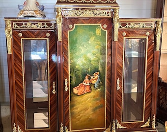 Vitrine d'armoire de style baroque antique, peinture à l'huile, armoire en verre peinte à la main de style Louis français en marron pour la décoration intérieure