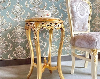 Glossy Side Table Rococo Accent Coffee Table Marble Top Small Decor Table for Friend’s Gift for Home Entryway Decor