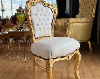 Accentstoel witte kleur Franse barok Rococo-stijl stoel voor eetkamer Antieke stijl eetkamerstoel witte kleur in gouden afwerking voor feest