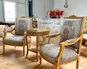 Ensemble de fauteuils et table de style antique, finition dorée, pour salon, chaise et table de style Louis, ensemble de chaises de style baroque rococo pour le hall