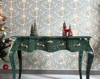 Bureau de style rétro baroque rococo en bois de couleur verte Table de style antique français en bois véritable en vert - Nombre d'articles limité