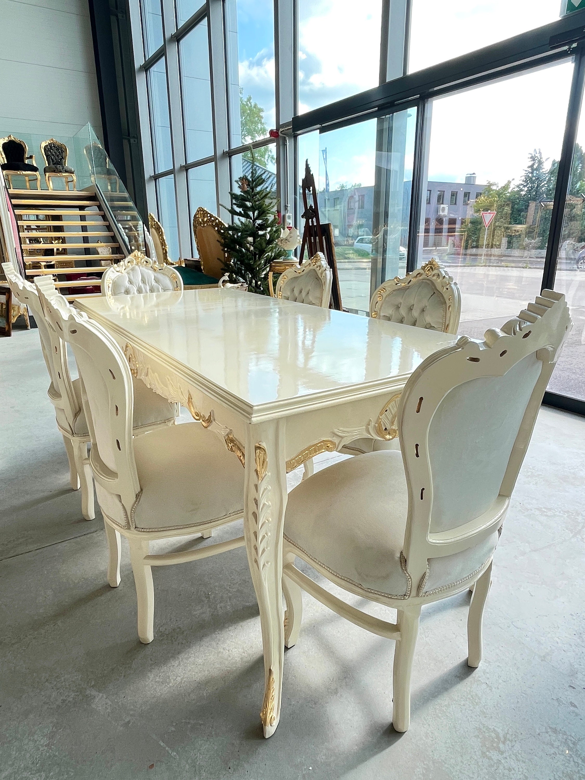 Dining Set French Baroque Style Wooden Table 195cm & 6 Dining Set French Baroque Style Wooden Table 195cm & 6