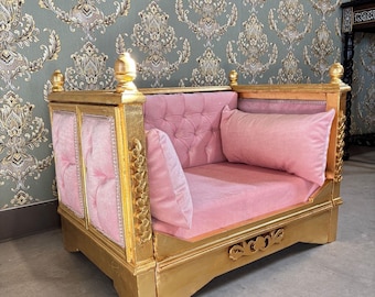 Pet Sofa French Baroque Style Cute Dog Couch Handmade in Pink Velvet Gold Finish for Small Pet for Pet Lover