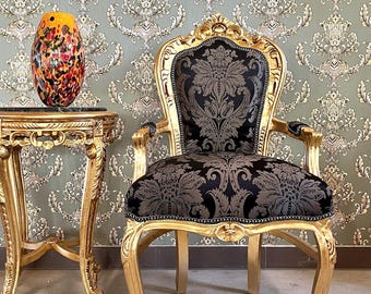 Armchair Retro French Style: Black Floral Damask, Louis XV Baroque Accent Chair, Gold Finish
