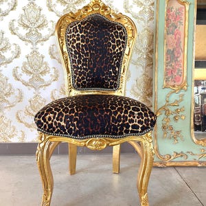 Accent Chair French Louis Baroque Style Dining Chair Black Velvet Leopard Print in Gold Finish for Lounge Room Home Decor