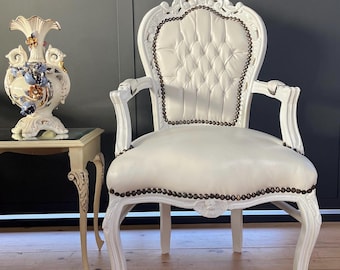 Biały francuski fotel barokowy: krzesło do jadalni w stylu Ludwika XV z drewna bukowego