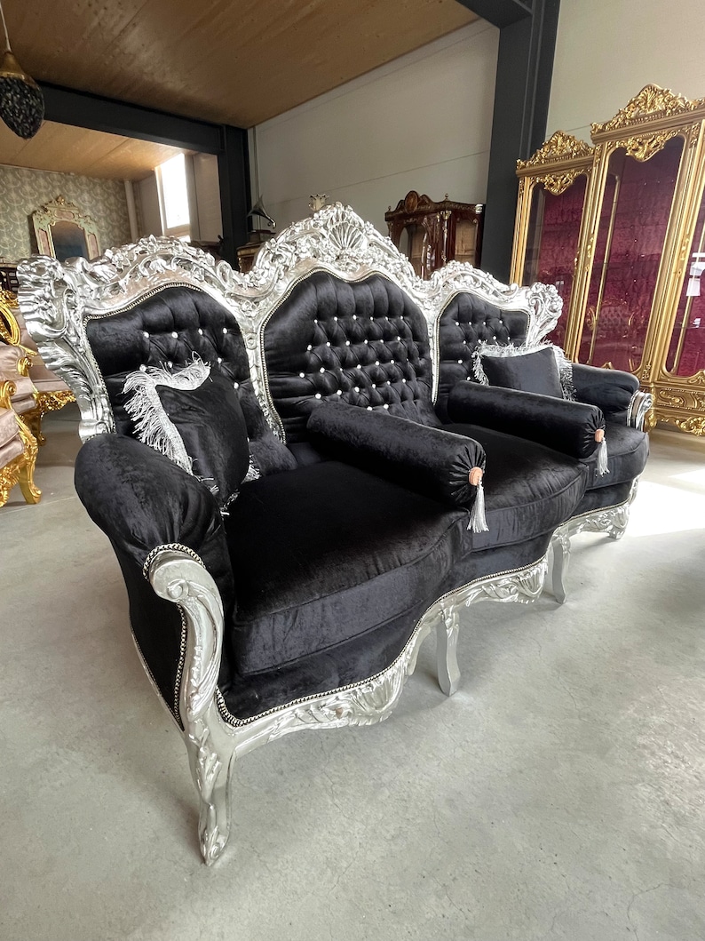 Modern Antique Style Sofa Set French Louis Style in Silver Finish for Living Room Sofa Set Baroque Rococo Style Sofa Set in Black for Villa image 4