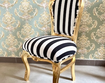 Accent Chair Deluxe Velvet in Black Stripe French Louis XV Style Chair in Gold Finish Retro Baroque Rococo Style Dining Chair for Home Decor