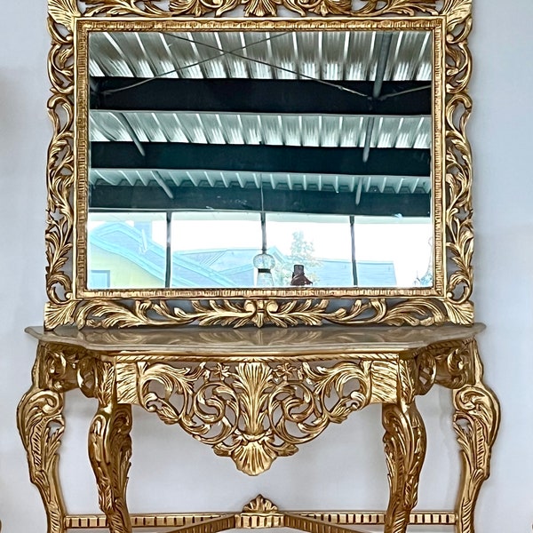 Konsolentisch mit Standspiegel Antik Barock Handarbeit Table basse/console avec miroir carré sur pied, dessus en marbre artisanal baroque antique