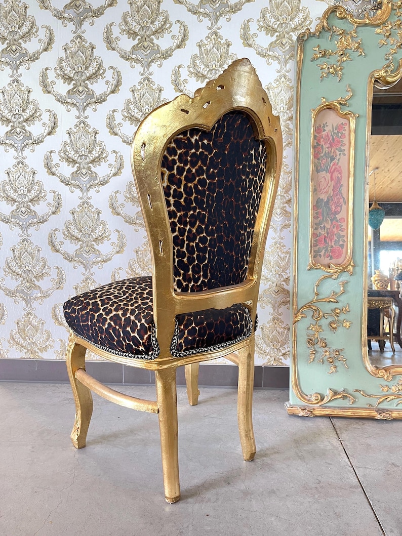 Accent Chair French Louis Baroque Style Dining Chair Black Velvet Leopard Print in Gold Finish for Lounge Room Home Decor