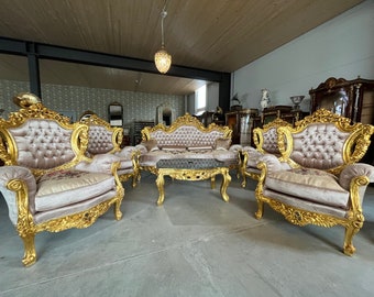 Salon Sofa Set Royal Antique Style in Gold Finished Sofa Set French Louis Style Sofa Set Baroque Rococo Style in Gold for Villa House