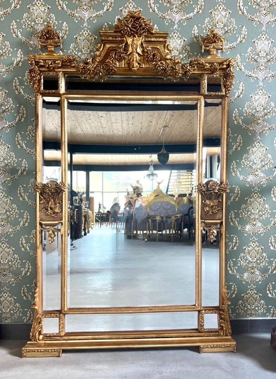Baroque Rococo Style Gold Floor Mirror: Decorative Flower Sculpture Frame